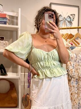 WAYF Avra Sweetheart Neck Peplum Top Green Puff Sleeve Size Small NWT
